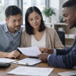 Homeowners meeting with a mortgage loan officer to review refinance options, interest rates, and loan terms.