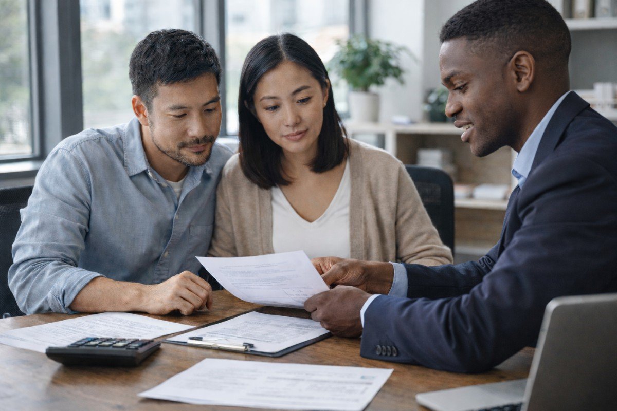 Homeowners meeting with a mortgage loan officer to review refinance options, interest rates, and loan terms.
