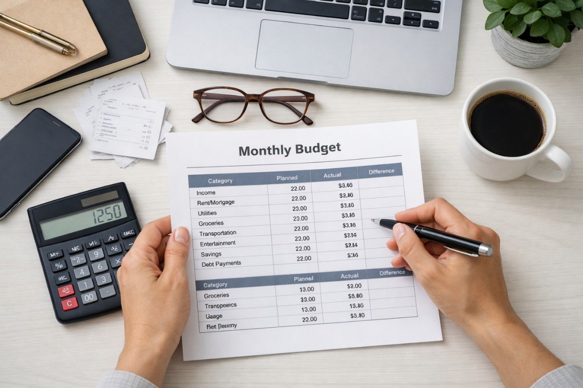 Monthly budget review at desk.
